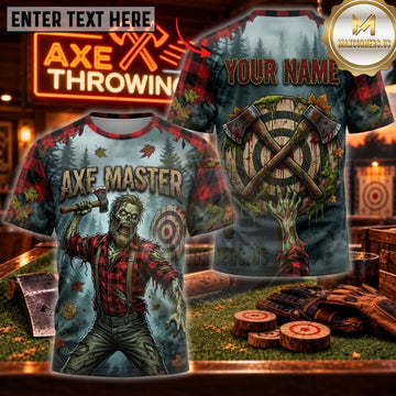 Maxcorners Axe Throwing Dark Forest Zombie Lumberjack Personalized Name 3D Unisex Shirt