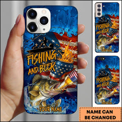 Maxcorners Walleye Fishing Phone Case Fishing And Beer American Flag Personalized Name 3D Phone Case