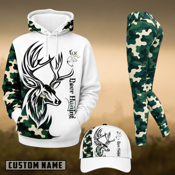 Maxcorners Hunting Deer Head Green Camo White 3D Combo Hoodie, Legging Set & Cap