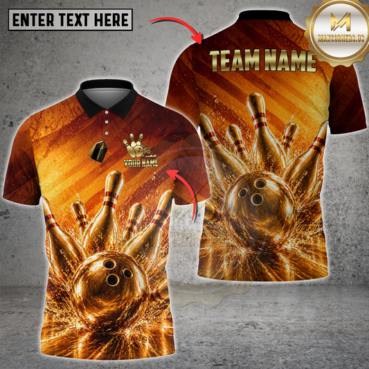 Maxcorners Bowling Golden Strike Ball & Pins Explosion Multicolor Customized Name, Team Name 3D Shirts