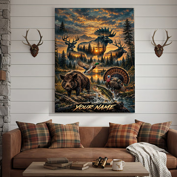 Maxcorners Moose Hunting Retro Sunset Forest Personalized Canvas Wall Art