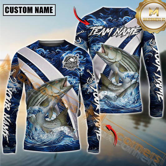 Maxcorners Striped Bass Fishing Blue Lava Smoke Silver Line Design Custom Name & Team Name 3D Shirts