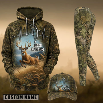 Maxcorners Hunting Deer Hunting Bow Heartbeat Forest Camo 3D Combo Hoodie, Legging Set & Cap