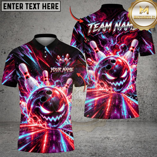 Maxcorners Bowling Evil Smile Neon Energy Rays Pins Strike Artwork Multicolor Customized Name, Team Name 3D Shirts