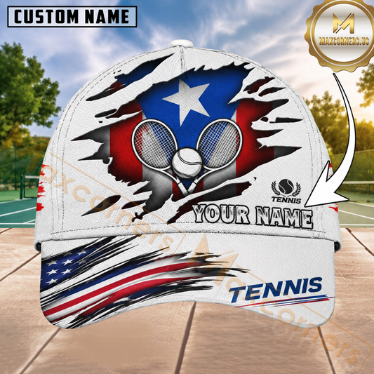 Maxcorners Tennis Puerto Rico Flag Player Silhouette Red White Blue Ripped Effect Personalized Name 3D Cap