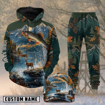 Maxcorners Hunting Deer Fishing Mountain Lake Personalized 3D Combo Hoodie, Sweatpants Set & Cap