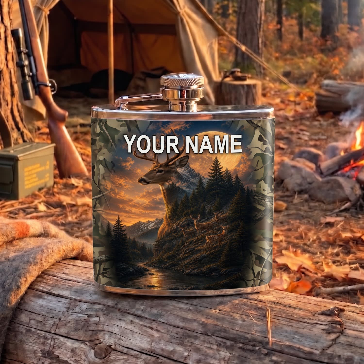 Maxcorners Hunting Wild Boar Sunset Wilderness Scene Personalized Name 3D Hip Flask
