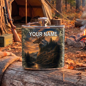 Maxcorners Hunting Wild Boar Sunset Wilderness Scene Personalized Name 3D Hip Flask