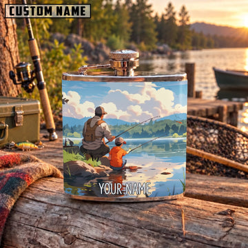 Maxcorners Fishing Father And Child Lakeside Scene Personalized Name 3D Hip Flask
