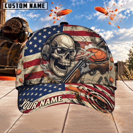 Maxcorners Trap & Skeet Shooting American Flag Skull Shotgun Personalized Name 3D Cap
