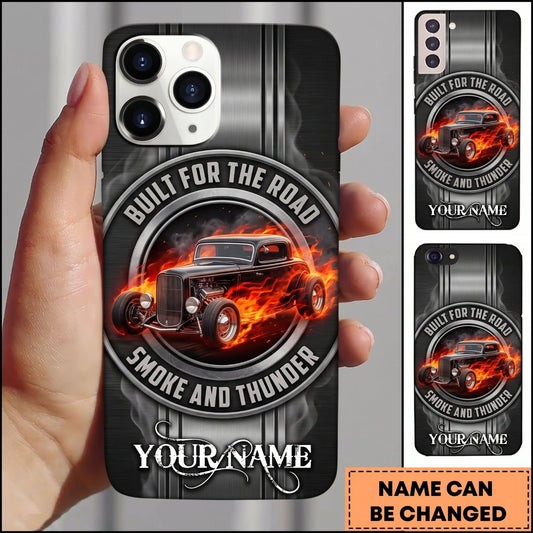 Maxcorners Hot Rod Red Vintage Car with Fire and Smoke Garage Design Personalized Name 3D Phone Case