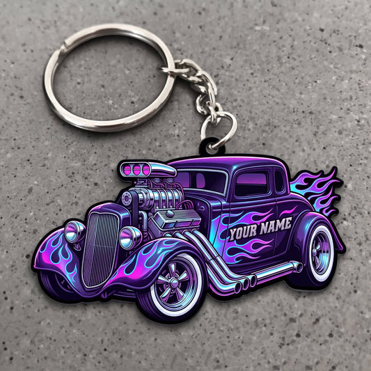 Maxcorners Hot Rod Purple Blue Classic Roadster with Neon Flame Graphics Personalized Name 3D Keychain And Ornament