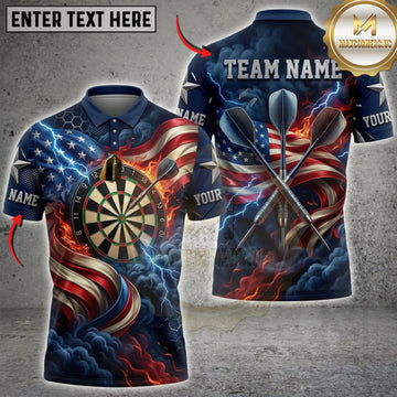Maxcorners Darts American Flag Flaming Dartboard And Red Lightning Personalized Name 3D Unisex Shirt