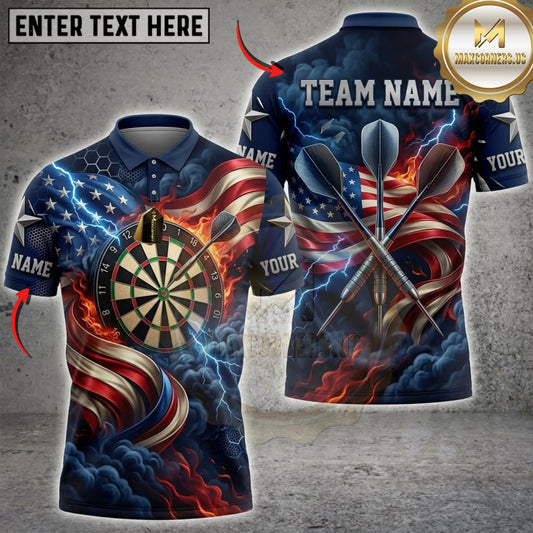 Maxcorners Darts American Flag Flaming Dartboard And Red Lightning Personalized Name 3D Unisex Shirt