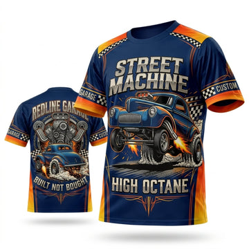 Maxcorners Personalized Car Classic Muscle Car 3D T-Shirt – Street Machine Navy Orange Racing Flames
