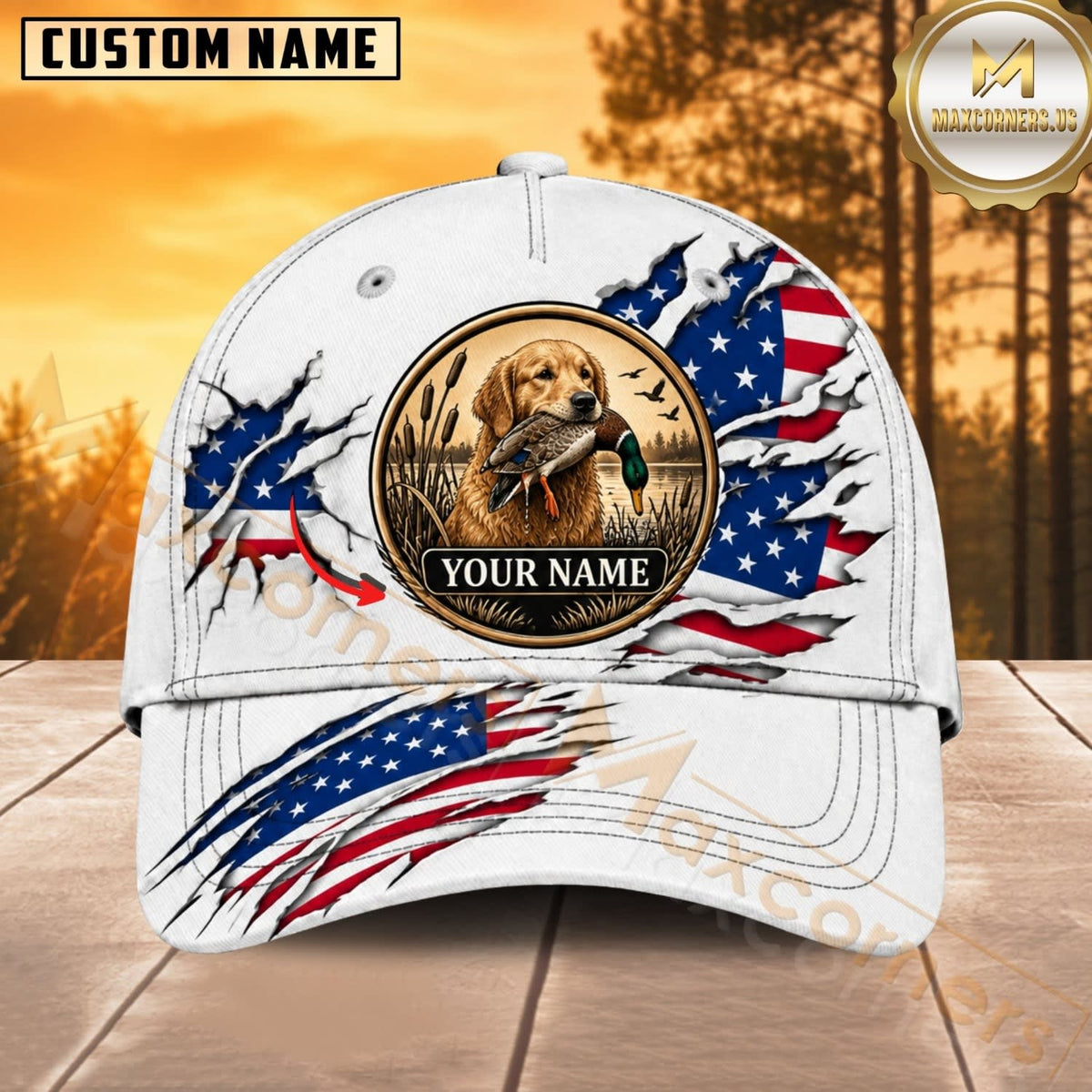 Maxcorners Dog Hunting And Duck White American Flag Hunting Dog Badge Personalized Name 3D Cap