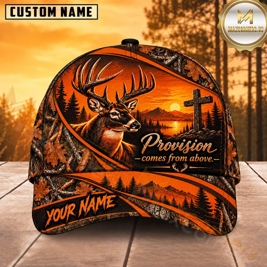 Maxcorners Deer Hunting Whitetail Buck Provision Comes from Above Orange Forest Camo Customized Name 3D Cap