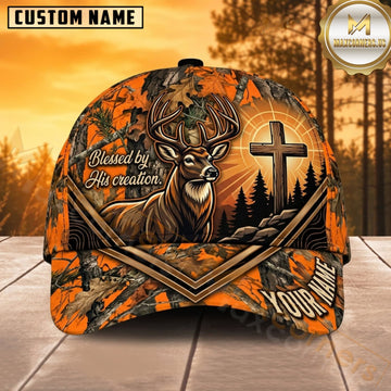 Maxcorners Deer Hunting Whitetail Buck Christian Cross Orange Geometric Camo Customized Name 3D Cap