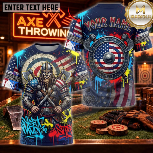 Maxcorners Axe Throwing Patriotic Viking Axe Warrior Personalized Name 3D Unisex Shirt