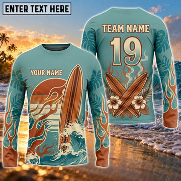 Maxcorners Surfing Colorful Ocean Wave Art Customized Name, Number, Team Name 3D Long Sleeve Shirts