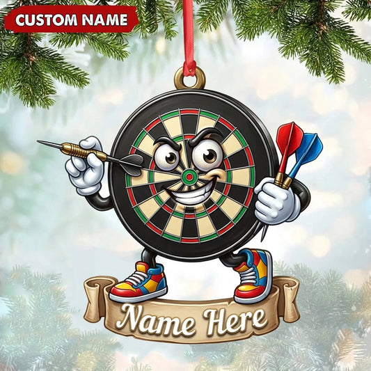 Maxcorners Darts Lover Expressive Target Board Character, Holding Darts, Scroll Banner Personalized Name Ornament 2D Flat