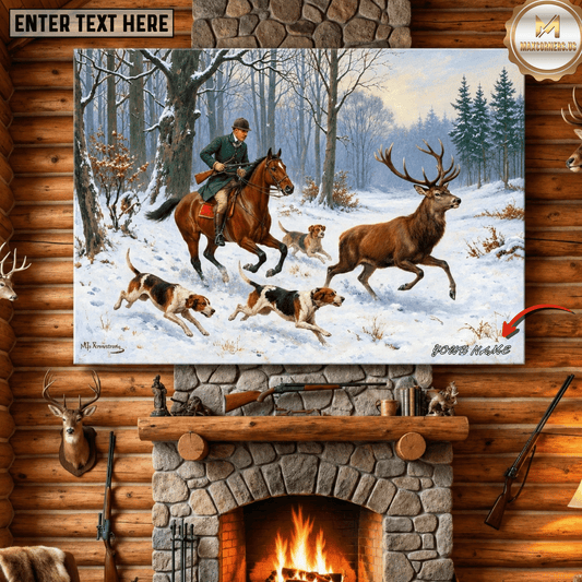 Maxcorners Deer Hunting Horseback Hunter Hounds Chasing Stag Snowy Winter Forest Scene Canvas Wall Art