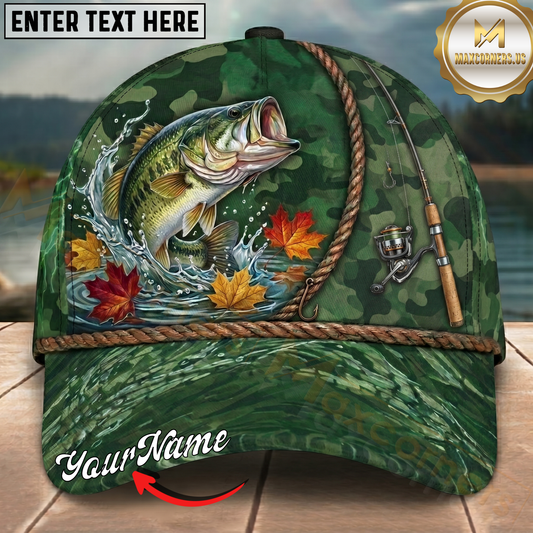 Maxcorners Fishing Green Camo Autumn Leaves Rope Personalized 3D Cap (12 Fish Species)