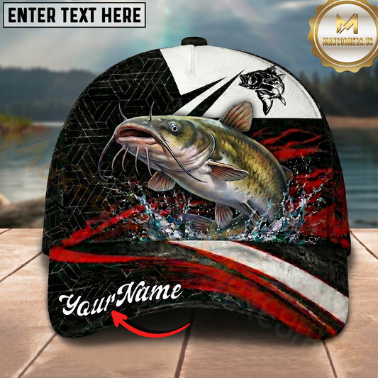 Maxcorners Fishing Black Red Abstract Stripe Personalized 3D Cap (12 Fish Species)
