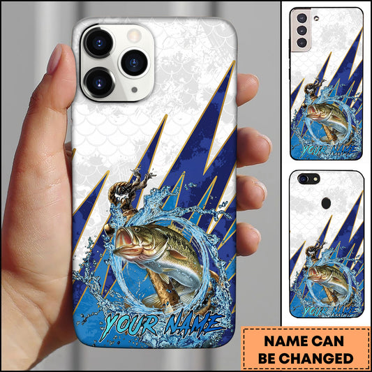 Maxcorners Bass Fishing Phone Case Jumping Water Splash Blue Lightning Scale Pattern Personalized Name Phone Case