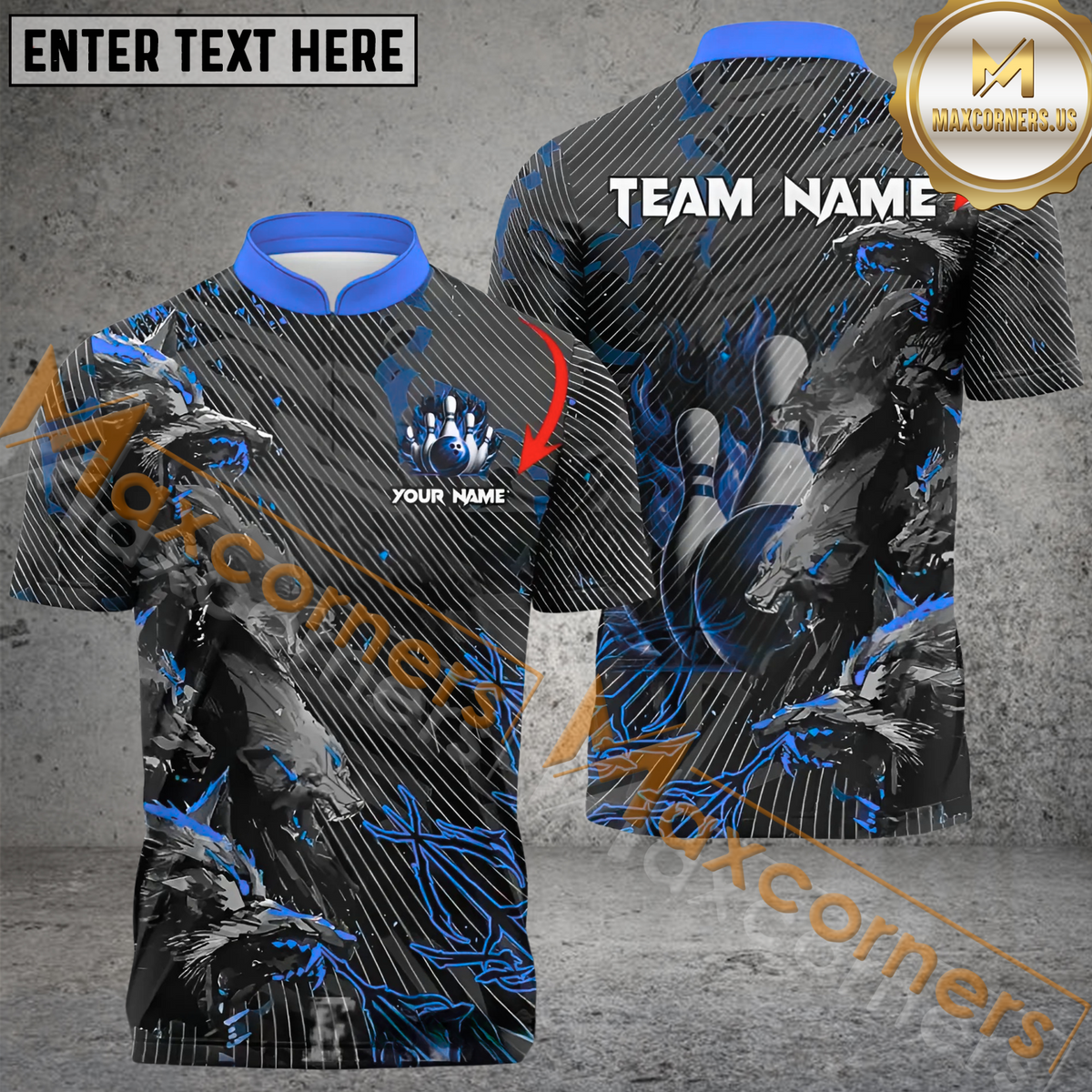 Maxcorners Wolf Ball Flame Bowling Jersey Multicolor Customized Name, Team Name 3D Polo Shirt