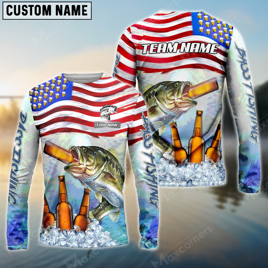 Maxcorners Fishing American Flag Bear Sun Protection Personalized Name, Team Name Long Sleeve Shirt