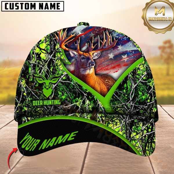 Maxcorners Hunting Deer American Flag Camouflage Multicolor Personalized Name 3D Cap
