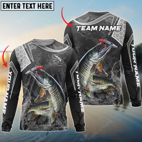 Maxcorners Musky Fishing Gray Camo Sport Personalized Name, Team Name 3D Long Sleeve Shirt