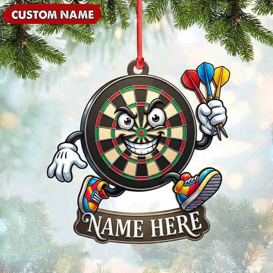 Maxcorners Darts Lover Cartoon Target Board Mascot, Running Shoes, Holding Darts Personalized Name Ornament 2D Flat