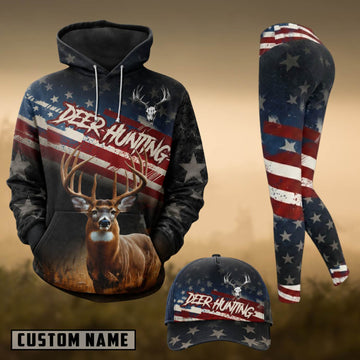 Maxcorners Hunting Deer Hunting American Flag Black 3D Combo Hoodie, Legging Set & Cap