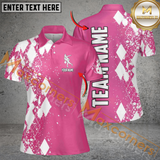 Maxcorners Pink And White Argyle Pattern Bowling Jersey Customized Name, Team Name 3D Shirt For Women