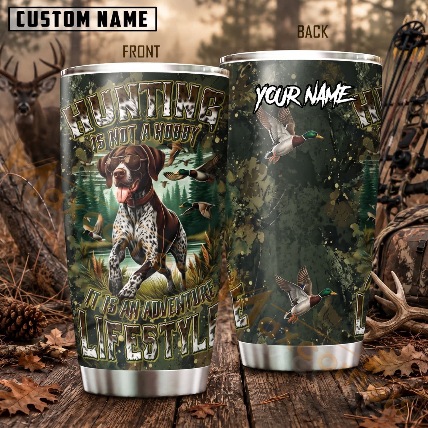 Maxcorners Hunting Deer Hunter Green Forest Camo Personalized Name 3D Tumbler