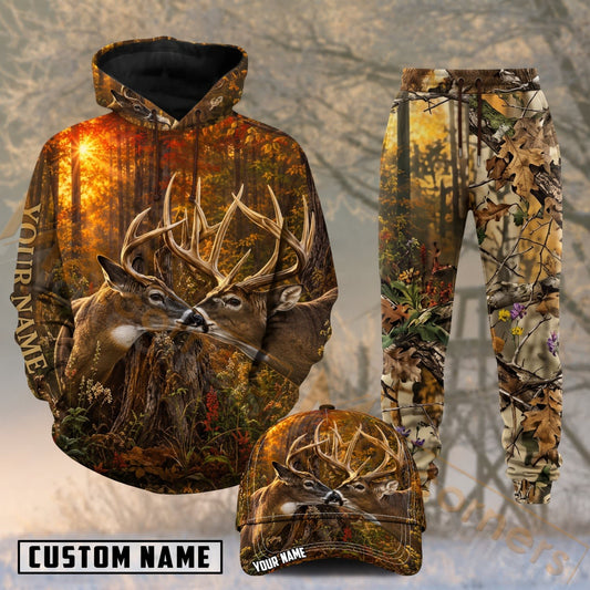 Maxcorners Hunting Trophy Buck Antlers Autumn Sunset Forest Personalized 3D Combo Hoodie, Sweatpants Set & Cap