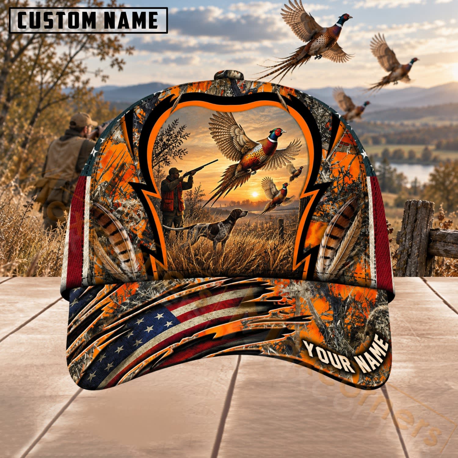 Maxcorners Upland Bird Hunting Blaze Orange Hunter & Pheasants Personalized Name 3D Cap
