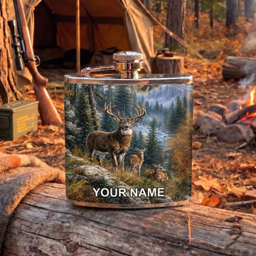 Maxcorners Hunting Moose Pine Forest Mountain Scene Personalized Name 3D Hip Flask