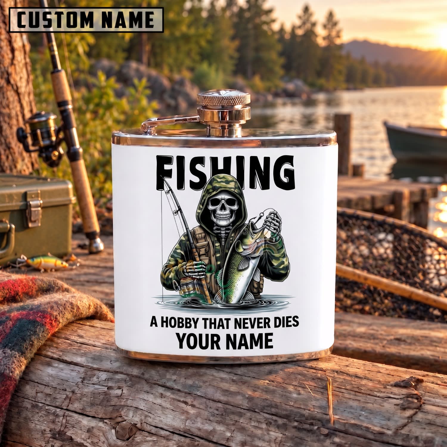 Maxcorners Fishing Fishing A Hobby That Never Dies Skeleton Personalized Name 3D Hip Flask