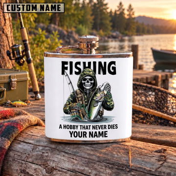 Maxcorners Fishing Fishing A Hobby That Never Dies Skeleton Personalized Name 3D Hip Flask