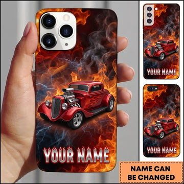 Maxcorners Hot Rod Red Classic Car with Explosive Flame and Dark Smoke Personalized Name 3D Phone Case