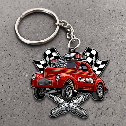Maxcorners Hot Rod Red Vintage Coupe with Checkered Racing Flags Personalized Name 3D Keychain And Ornament
