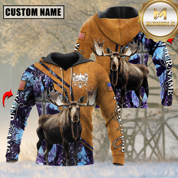 Maxcorners Purple Wilderness Moose Hunting USA Flag Custom Name Shirt 3D All Over Printed Clothes