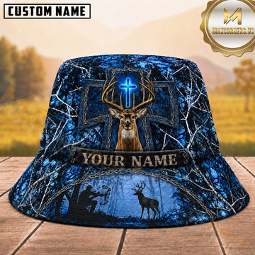 Maxcorners Deer Hunting Blue Cross Forest Camouflage Personalized Name 3D Bucket Hat