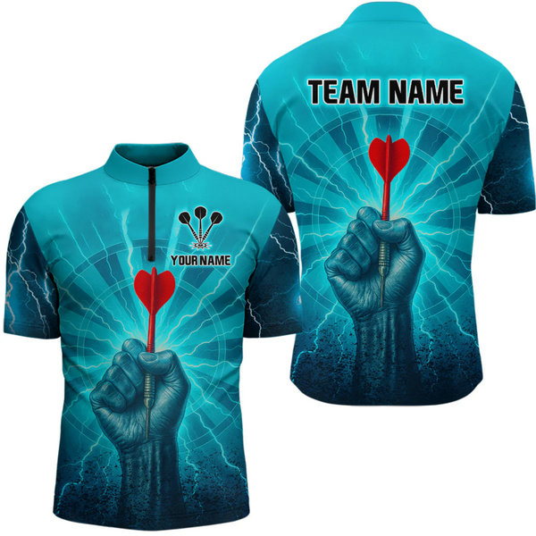 Maxcorners Men’s Custom Darts Shirt - Turquoise Lightning Fist With Maroon Dart Arrow LM2404