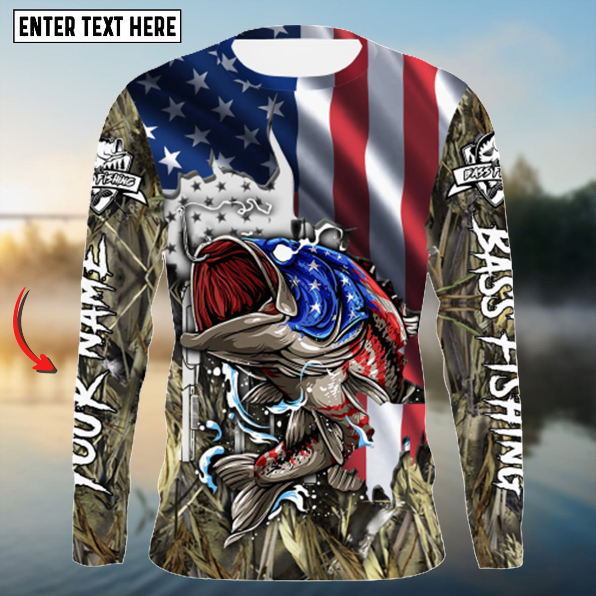 Maxcorners American Flag Patriotic Largemouth Bass Camo Customize Name