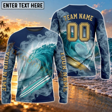 Maxcorners Surfing Deep Blue Ocean Wave Art Customized Name, Number, Team Name 3D Long Sleeve Shirts