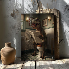 Maxcorners Funny Bathroom Wall Art Canvas – T-Rex Reading Newspaper Smoking Cigar Print for Man Cave Decor & Gag Gift for Men LM2611